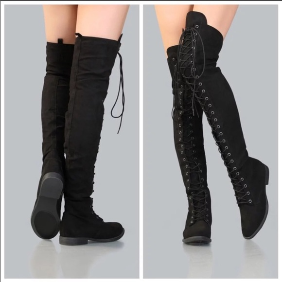 Black suede OTK lace up boots - Picture 2 of 4